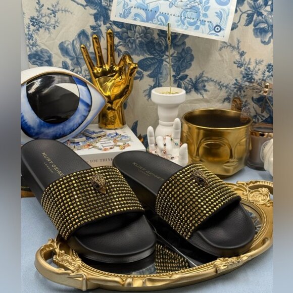 🆕 KURT GEIGER LONDON 🧿 NWOB Meena Eagle Black & Gold Studded Slide, Sz 8.5 - Picture 3 of 12